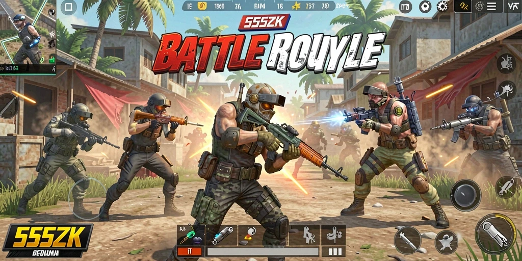 Tangkapan layar utama gameplay Battle Royale 555ZK yang penuh aksi dan seru.