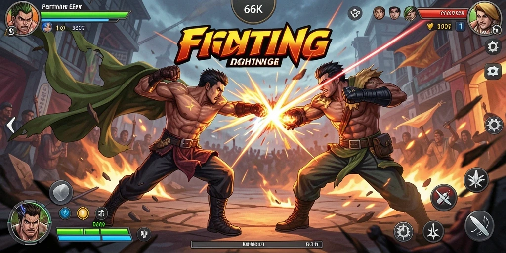 Screenshot utama 66K menampilkan karakter sedang bertarung dalam arena.