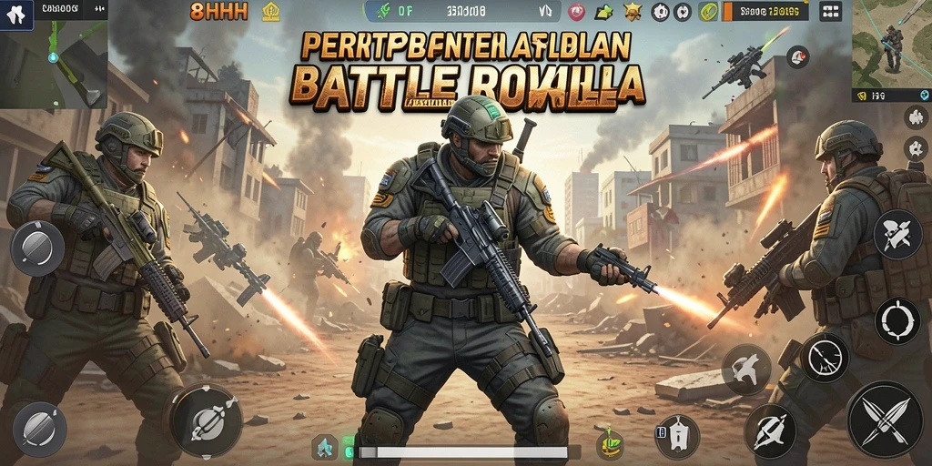 Screenshot gameplay 8HHH menampilkan aksi seru di arena Battle Royale.