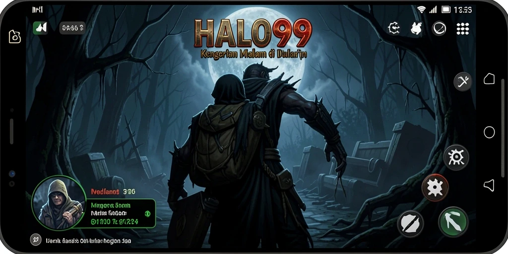 Screenshot HALO99 menunjukkan karakter utama menghadapi kegelapan mencekam.