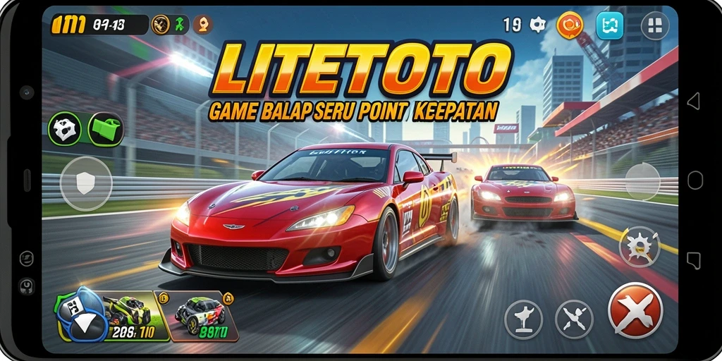 Screenshot gameplay LITETOTO dengan mobil balap di lintasan.