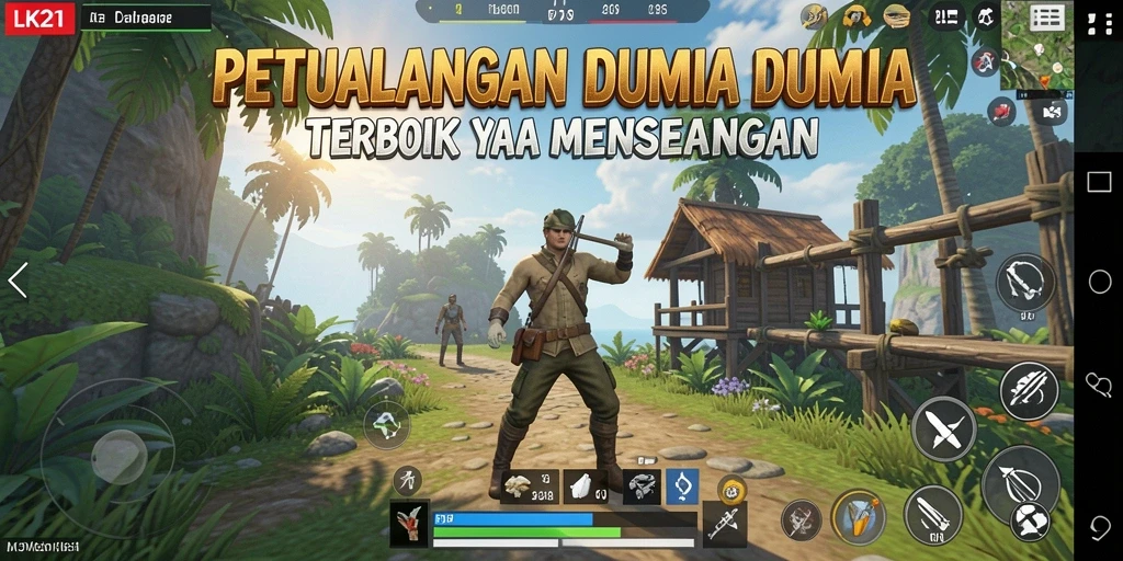 Screenshot gameplay LK21 yang menunjukkan aksi petualangan di dunia terbuka.