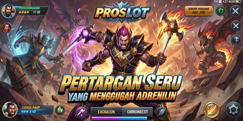 Screenshot gameplay PROSLOT menunjukkan duel seru antara karakter bertarung.