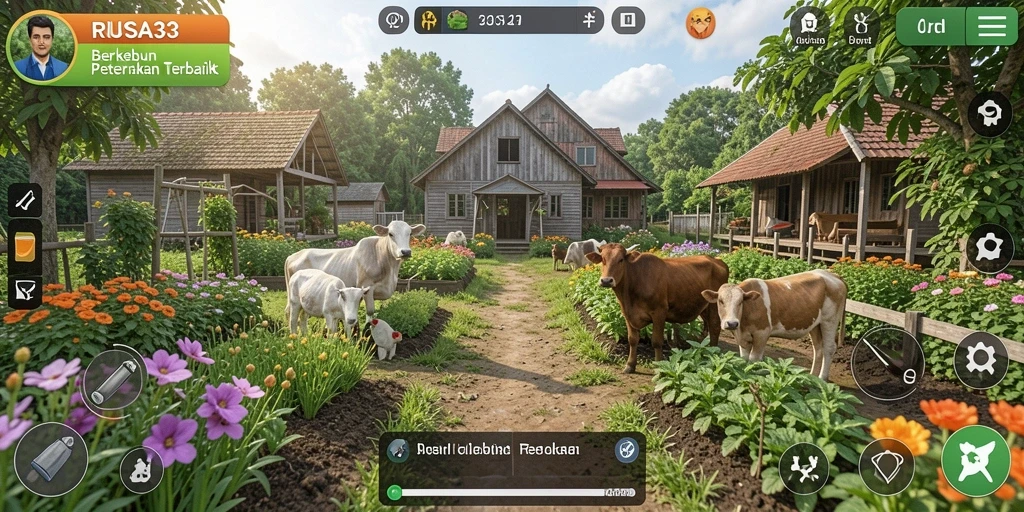 Tangkapan layar RUSA33 menampilkan gameplay seru berkebun dan memelihara hewan.