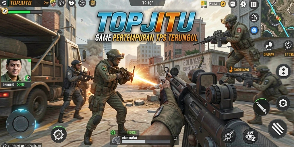 Screenshot gameplay TPS dari TOPJITU dengan aksi seru dan intens.